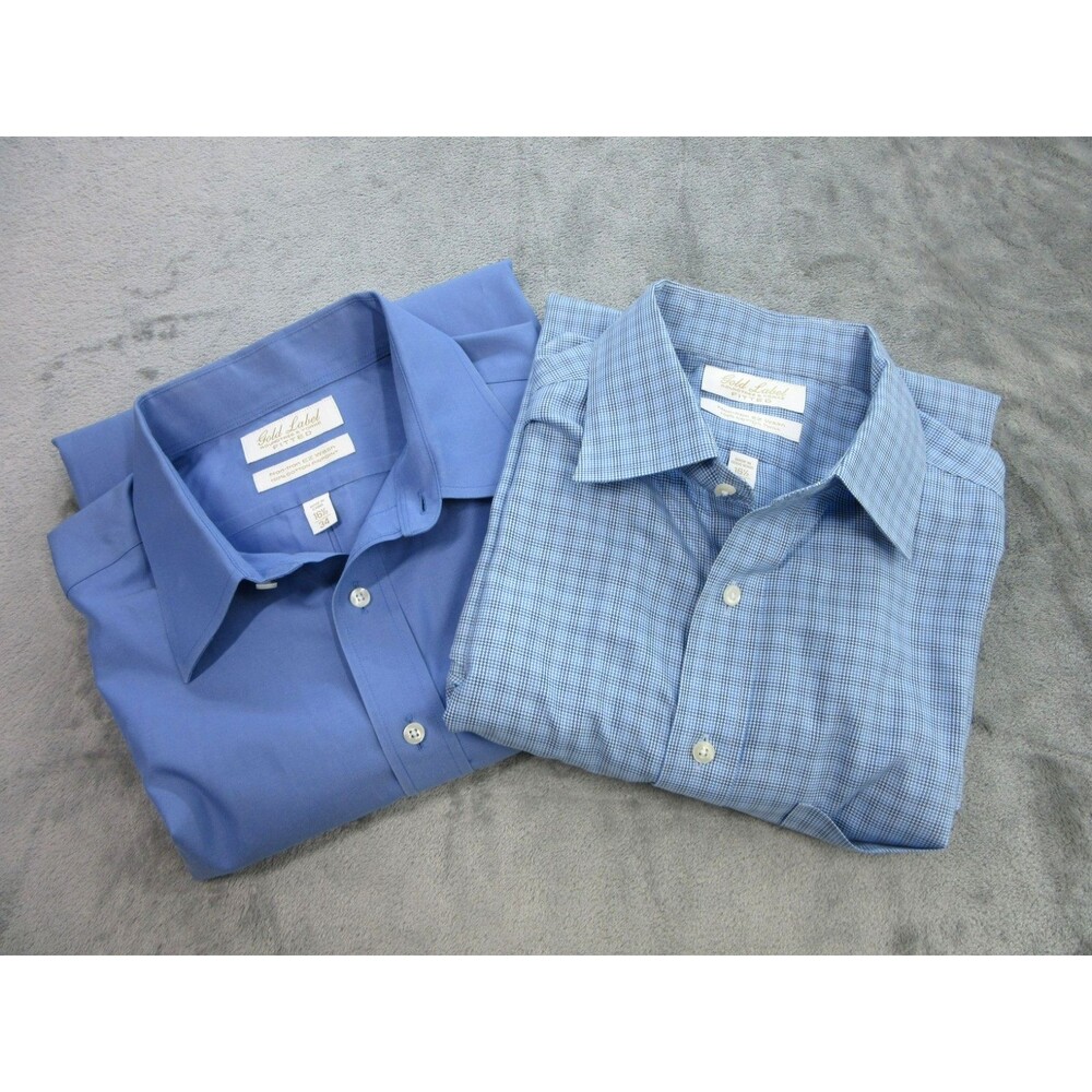 2pcs Roundtree & Yorke Gold Label Shirt Men's Sz. 16.5 34 Fitted Plaid Blue